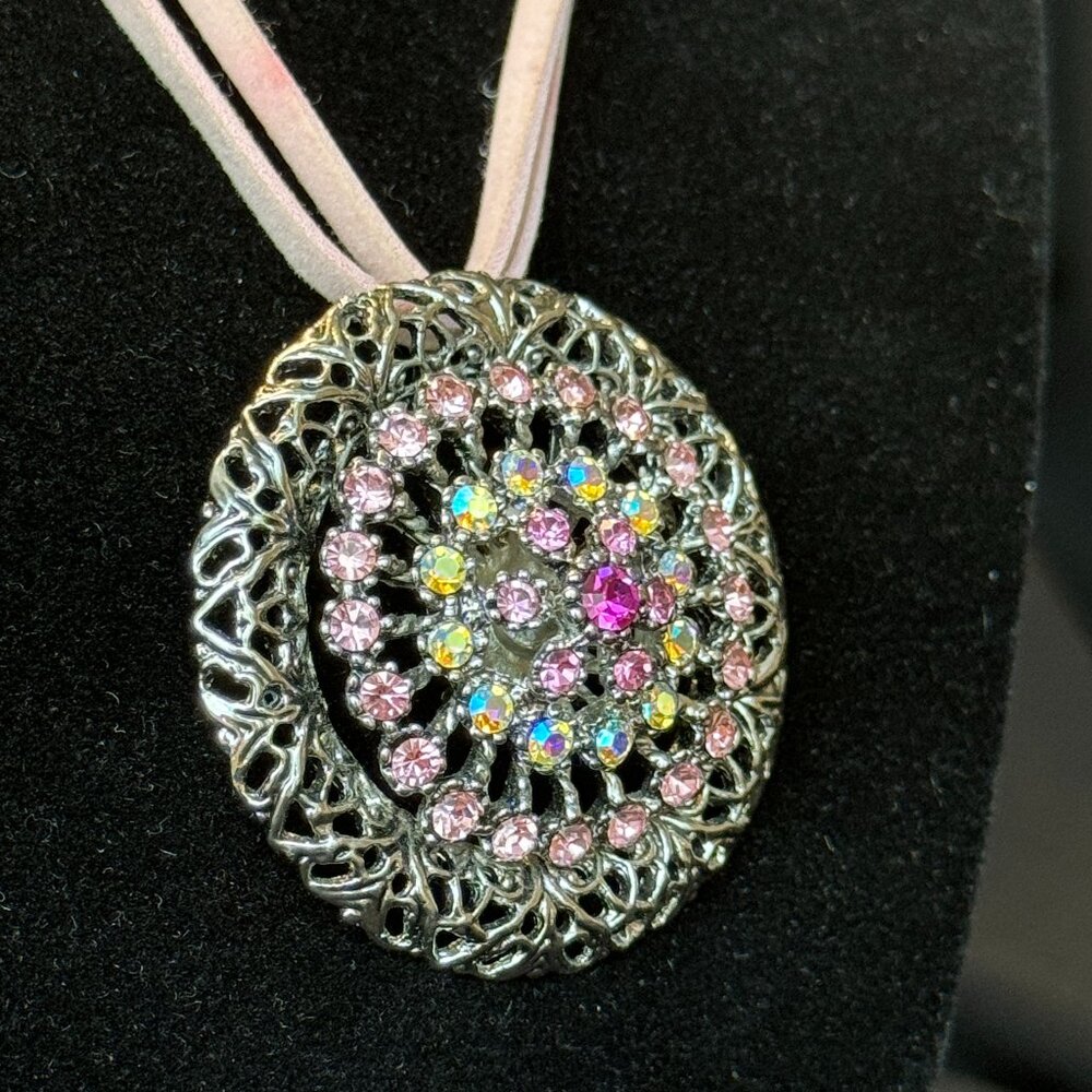 Pendant Necklace Large Round ABS Dark + Light Pink Openwork Suede Cord Earrings